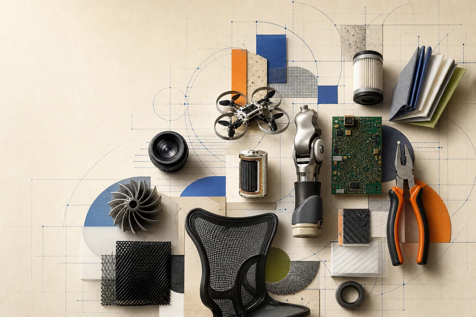 An editorial arrangement of unbranded invention components including a lens, drone rotor, prosthetic joint, battery, circuit board, chair mesh and hand tool