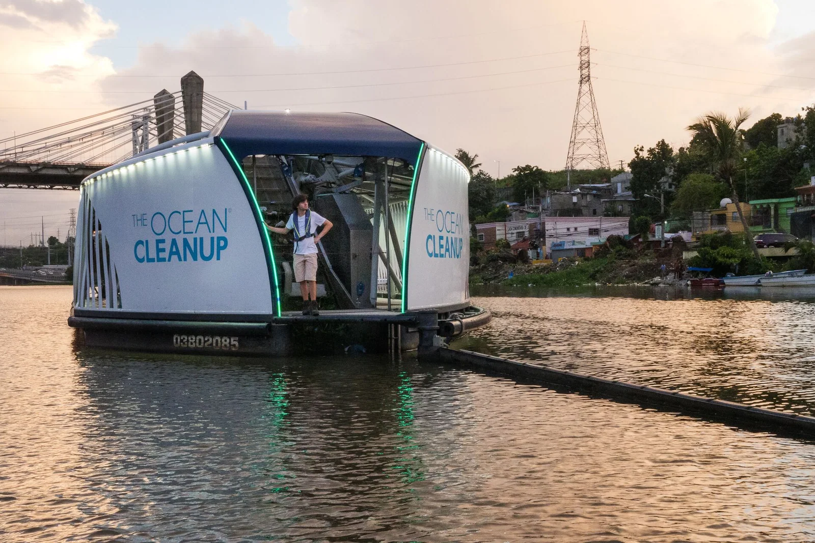 The Ocean Cleanup Interceptor river-cleanup vessel, associated with inventor Boyan Slat
