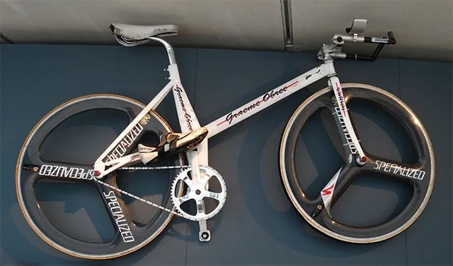 Old Faithful record bicycle and aerodynamic riding position, associated with inventor Graeme Obree