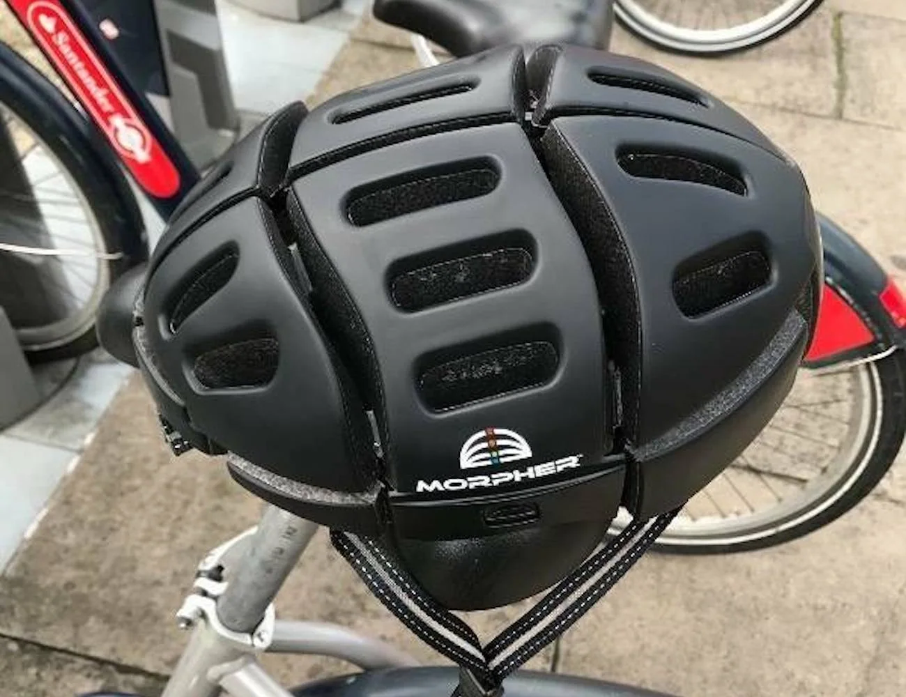 Morpher flat-folding bicycle helmet, associated with inventor Jeff Woolf