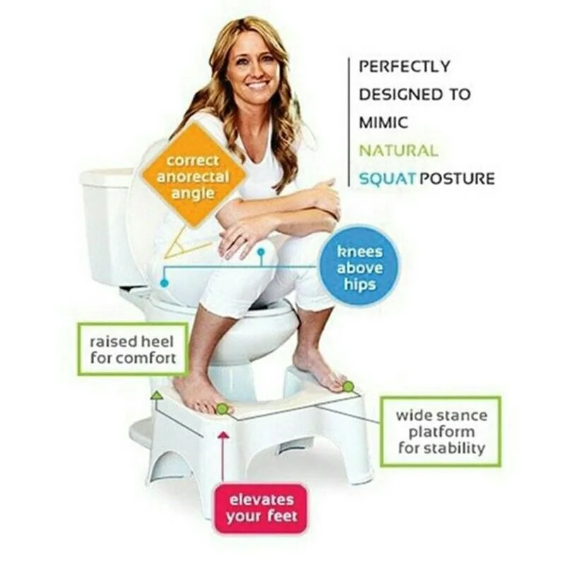 Squatty Potty toilet stool and portable toilet-footrest designs, associated with inventor Judy Edwards