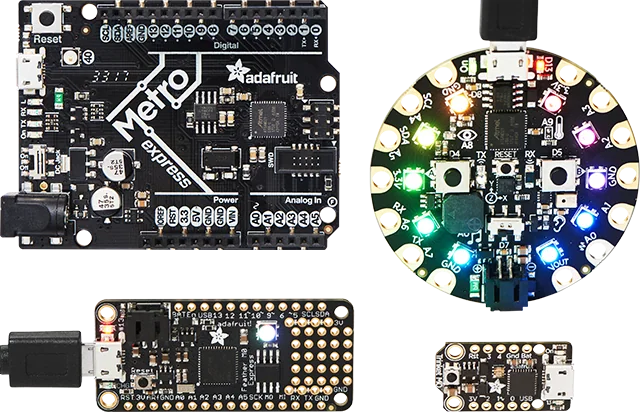 Adafruit Feather and Circuit Playground development boards, associated with inventor Limor Fried