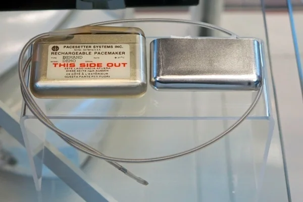 Rechargeable, radio-programmable implantable pacemaker, associated with inventor Robert E. Fischell