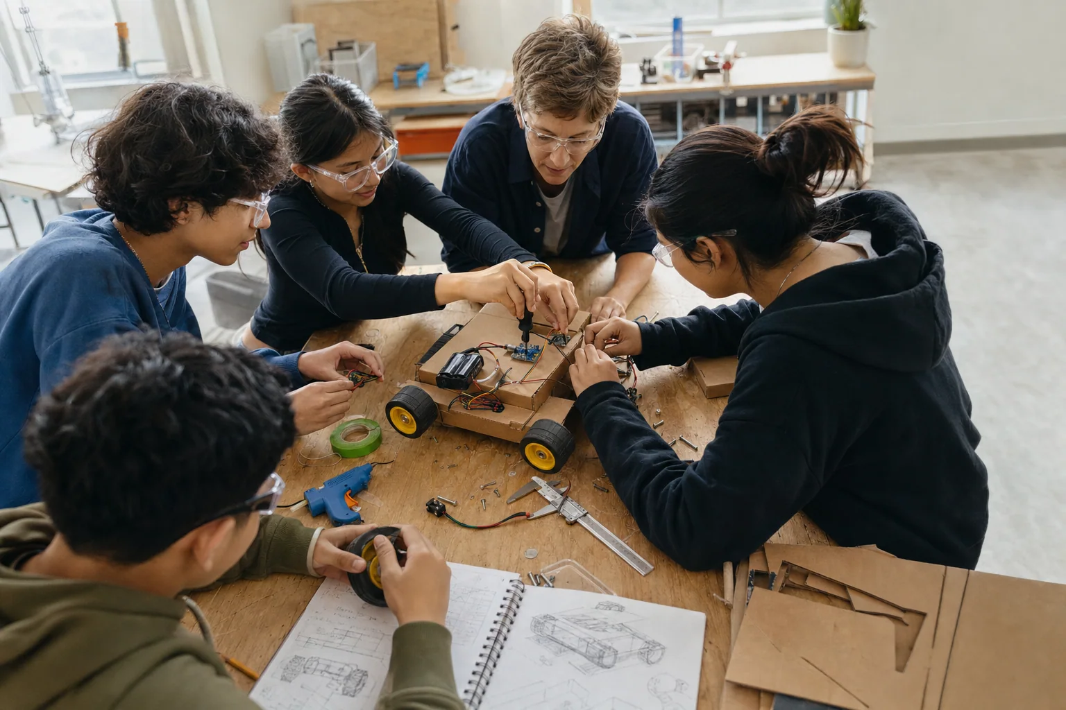 Students and an educator wearing eye protection build a wheeled prototype together at a makerspace table
